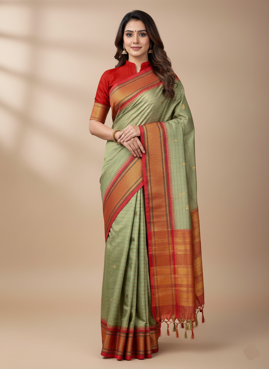 Elegant Olive Green & Red Cotton Silk check paithani Saree